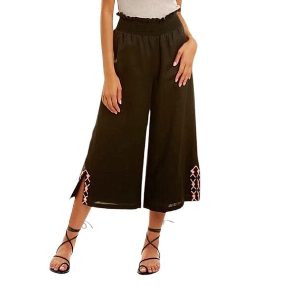 Sachin & Babi Linen Cropped Wide Leg Pants Pull On Embroidered Hem‎ Culotte - Picture 1 of 13